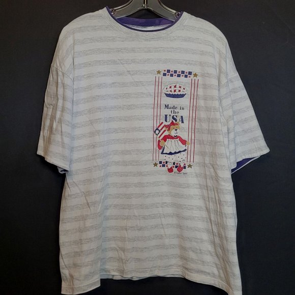 Vintage Patriotic Bear Made In The USA Shirt Light Gray Stripes Size L Gopher - Picture 1 of 8